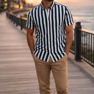 Denim & Flower Ricky Singh Striped Shirt Men M Navy White Cotton